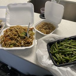 Dry Vegetarian Stir Fried Noodle, Dry Fried Green Beans with Minced Pork, Veggie Steamed Dumpling Dry Vegetarian Stir Fried Noodle, Dry Fried Green Beans with Minced Pork, Veggie Steamed Dumpling