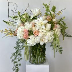 Flower Synergy - Custom 20th anniversary bouquet complete with rose lilies, oncidium orchids, peach roses, and hydrangea.