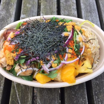 The Poke Guy - Brown rice, green salad, scallop, ahi tuna, cucumber, pineapple, mango, green seaweed, cilantro, purple onion, masago, and dry seaweed! - Hawaiian Near Me - Vancouver, British Columbia The Poke Guy - Brown rice, green salad, scallop, ahi tuna, cucumber, pineapple, mango, green seaweed, cilantro, purple onion, masago, and dry seaweed! - Hawaiian Near Me - Vancouver, British Columbia