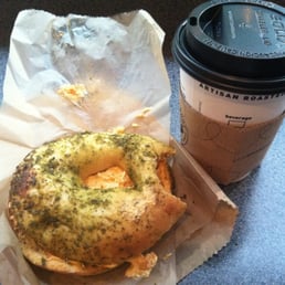 Tuscan bagel with sun-dried tomato cream cheese (a perfect match) and vanilla hazelnut coffee mixed with the dark blend - YUM Tuscan bagel with sun-dried tomato cream cheese (a perfect match) and vanilla hazelnut coffee mixed with the dark blend - YUM