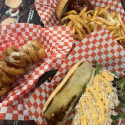 Matty G's Steakburgers - Hail Mary Burger, The Dominator (crab roll), garlic fries and onion rings.
