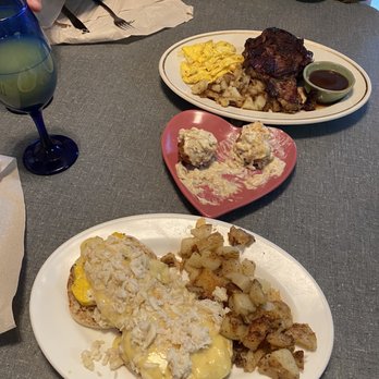Helen's Cafe And Catering - Eggs Benedict with crab on top and Prime Rib with eggs and potatoes - Barbeque Near Me - Leonardtown, Maryland