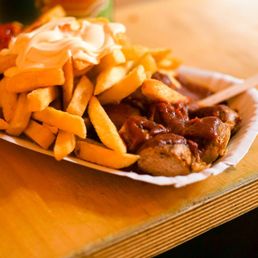Spicy currywurst and frites