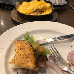 Gluten free burger, Swiss and shrooms and cheesy potatoes