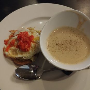 Table 128 - Lunch menu pick two. Roasted cauliflower soup and avocado toast. - New American Near Me - Des Moines, Iowa
