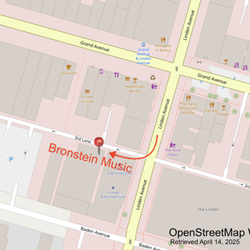 Bronstein Music - Map showing alleyway location between Grand and Baden Avenues.