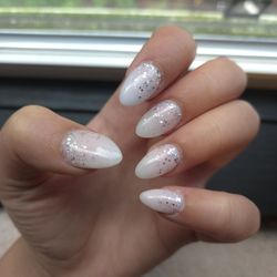 Y Nails - Acrylic fill in with sparkly polish, milky white tips with peachy pink base.