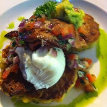 Grasshopper's Feast - Zucchini and corn fritters with poached egg, avocado and salsa. YUM! - Restaurants Near Me - Melbourne, VIC