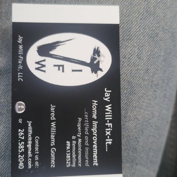 Jay Will Fix It - a sticker on the back of a jacket - Handyman Near Me Jay Will Fix It - a sticker on the back of a jacket - Handyman Near Me