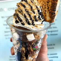 Creamistry - S'mores Creation featuring layers of rich chocolate ice cream, graham crackers, mini marshmallows, fudge, and a toasted marshmallow.