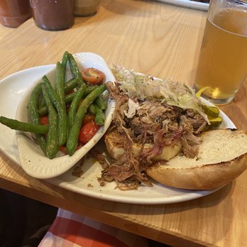 Salt + Smoke - Pulled Pork Sandwich and Green Bean & Tomato Salad with Broadway Pilsner - Barbeque Near Me - Saint Charles, Missouri Salt + Smoke - Pulled Pork Sandwich and Green Bean & Tomato Salad with Broadway Pilsner - Barbeque Near Me - Saint Charles, Missouri