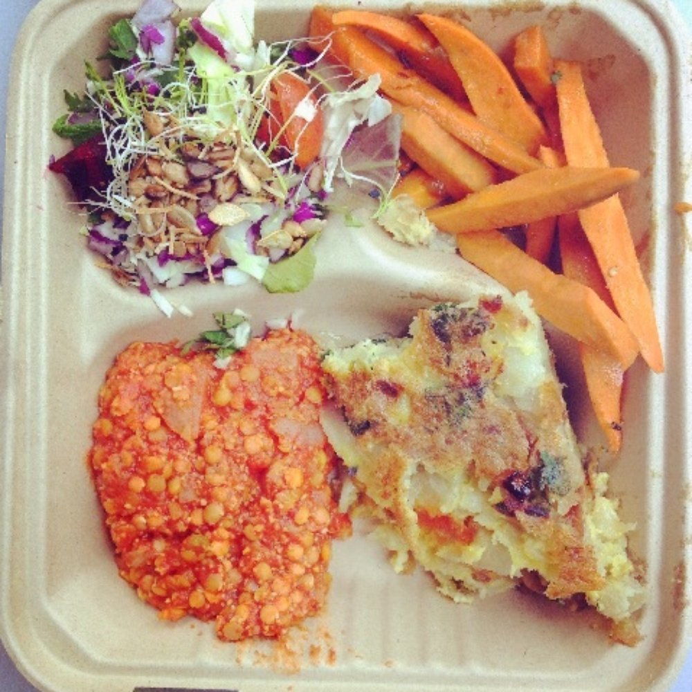 Red lentil pie, Spanish omelette, yammy yams, and fresh salad. Red lentil pie, Spanish omelette, yammy yams, and fresh salad.