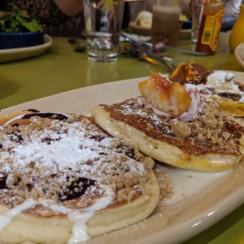 Snooze, an A.M. Eatery - Pancake trio: blueberry danish, peachy keen, sweet potato. All out of this world delicious. - Breakfast & Brunch Near Me - Orange, California Snooze, an A.M. Eatery - Pancake trio: blueberry danish, peachy keen, sweet potato. All out of this world delicious. - Breakfast & Brunch Near Me - Orange, California