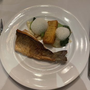 The Arbour - Mediterranean Sea Bass with polenta cake and veggies. Crispy skin!!! Mmmmmm - New American Near Me - Pasadena, California