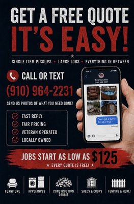 Junk Removal in Just a Few Clicks - Clearing out clutter is easy with American Grit Junk Removal. Get a quick quote by calling or texting us, and enjoy fair prices, responsive service, and a team that always puts customers first. No waiting, no hassles—just a job well done every time. Let us handle your mess so you can get back to enjoying your space. Call today and see why so many people recommend us.