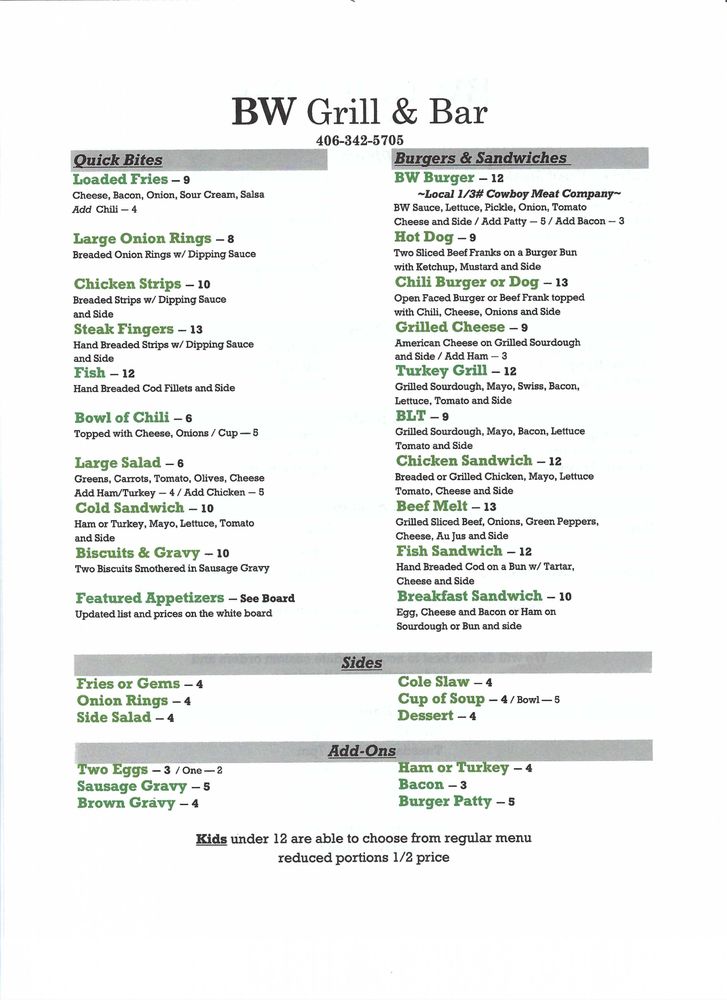 BW GRILL AND BAR Updated August 2024 304 Elliott Ave, Hysham