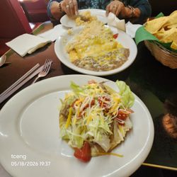 El Cocinero - #2, Two Enchiladas, beans, rice and tostada. More than enough for two with the chips and salsa.