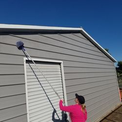 Diamond Pest Control - Brushing down webs from a shop