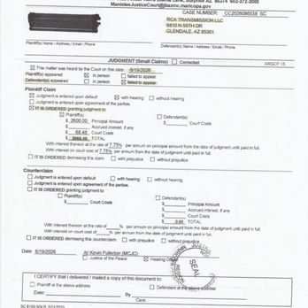 Rca Transmissions - Small Claims Judgment - Transmission Repair Near Me - Glendale, Arizona Rca Transmissions - Small Claims Judgment - Transmission Repair Near Me - Glendale, Arizona