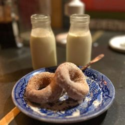 The Lost Kitchen - Mini cinnamon and sugar donuts with "cream on top" whole milk.
