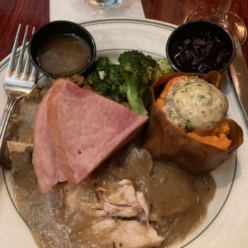 Huber's Cafe - "Half & Half" (1/2 turkey in mushroom or traditional gravy, half roast ham with pineapple sauce)  Ugly photo lighting, but delicious taste!! - American Near Me - Portland, Oregon