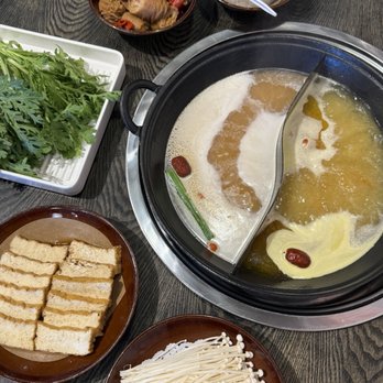 Feng Hotpot - Chicken Broth, Enoki Mushroom, Braised Tofu, Crown Daisy, Pork Feet, Mashed Shrimp - Hot Pot Near Me - Sunnyvale, California Feng Hotpot - Chicken Broth, Enoki Mushroom, Braised Tofu, Crown Daisy, Pork Feet, Mashed Shrimp - Hot Pot Near Me - Sunnyvale, California