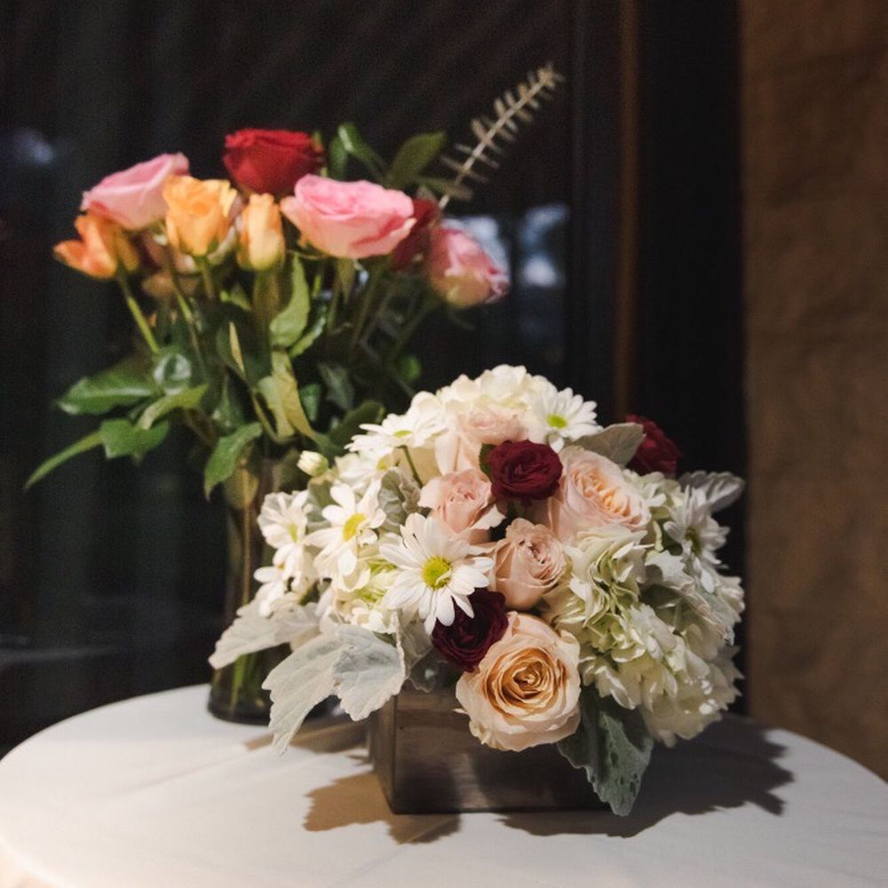 Chloe Rose - Floral centerpiece in square planter by Kimberly   Http://hermanau.com - Floral Designers Near Me