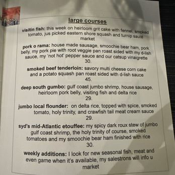 Syd's FishPig Cafe - Large course menu-some things change occasionally - New American Near Me - Norfolk, Virginia Syd's FishPig Cafe - Large course menu-some things change occasionally - New American Near Me - Norfolk, Virginia