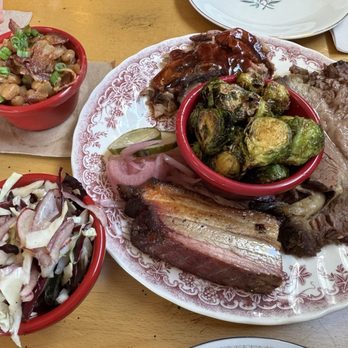 Smoke & Donuts - Pit sampler (brisket, pulled pork, turkey), bbq beans, Brussels sprouts, and Cole slaw - Barbeque Near Me - Orlando, Florida Smoke & Donuts - Pit sampler (brisket, pulled pork, turkey), bbq beans, Brussels sprouts, and Cole slaw - Barbeque Near Me - Orlando, Florida