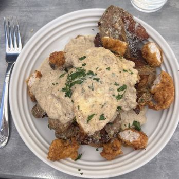 The Peacock - The "Habit" brunch plate- deep fried smashed potatoes, chicken, eggs, Tasso sauce - Breakfast & Brunch Near Me - Charleston, South Carolina The Peacock - The "Habit" brunch plate- deep fried smashed potatoes, chicken, eggs, Tasso sauce - Breakfast & Brunch Near Me - Charleston, South Carolina