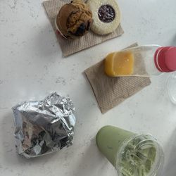 Quebrada Baking Co - Blueberry muffin, strawberry shortbread, iced matcha, and cheese croissant