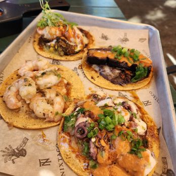 Nixtaco - Nixtaco Combination (top L), Pork Belly (top R), Octopus (bottom R), & Spicy Shrimp (bottom L) - Mexican Near Me - Roseville, California