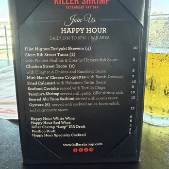 Killer Shrimp - Happy Hour Menu as of 8/1/26 - Seafood Near Me - Marina Del Rey, California Killer Shrimp - Happy Hour Menu as of 8/1/26 - Seafood Near Me - Marina Del Rey, California