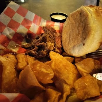 Leon's Garage - Pulled pork with house kettle chips - Beer Bar Near Me - Marysville, Ohio Leon's Garage - Pulled pork with house kettle chips - Beer Bar Near Me - Marysville, Ohio