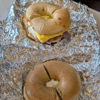 NY Bagel - LEO sandwich on an asiago bagel and almond cream cheese on a French toast bagel - Bagels Near Me - Fullerton, California