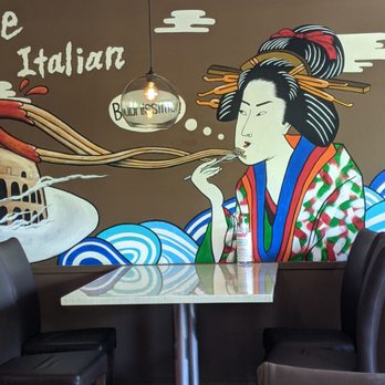 Wasuta Pasta - Indoor seating area and wall design - Japanese Near Me - Richmond, British Columbia