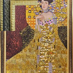 Frames To You - Klimt's "A Woman in Gold" painting reframed in 3 triple stacked frames - swirls, metallic gold leaf with venetian lace.