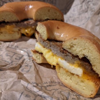 Blazing Bagels - Egg, sausage and cheese breakfast sandwich on an egg bagel - Bagels Near Me - Seattle, Washington
