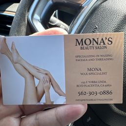 Mona's business card with correct phone number to the salon. Mona's business card with correct phone number to the salon.