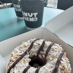 Samoas donut + cappuccinos Samoas donut + cappuccinos