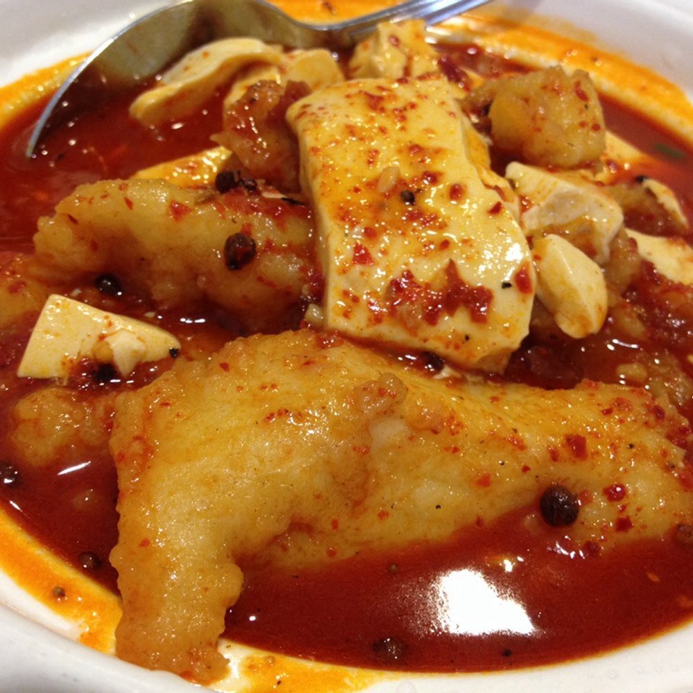 Red Chilli - the so-called "steamed" fish with tofu -- not so good when the deep-fried batter gets soggy - Chinese Near Me - Redlands, California Red Chilli - the so-called "steamed" fish with tofu -- not so good when the deep-fried batter gets soggy - Chinese Near Me - Redlands, California