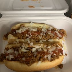 Destiny Dogs - Two chili dogs with onions.