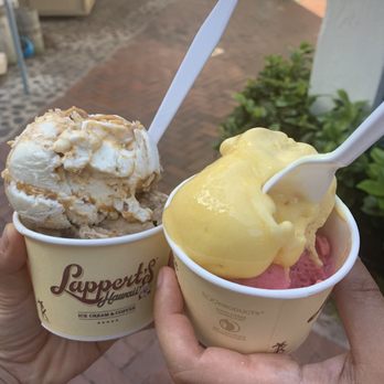 Lappert's Hawaii - Ice cream on left: double scoop with Coconut caramel and Kauai pie;  Sorbet on right: Lilikoi and raspberry (already eaten a little!) - Ice Cream & Frozen Yogurt Near Me - Honolulu, Hawaii