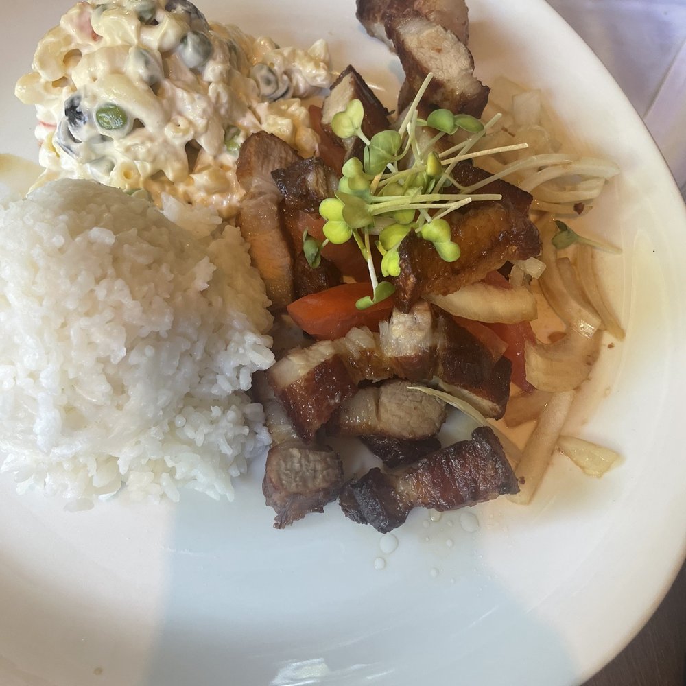 Keoki's Paradise - Pork belly lunch plate - Seafood Near Me - Koloa, Hawaii Keoki's Paradise - Pork belly lunch plate - Seafood Near Me - Koloa, Hawaii