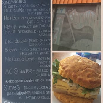 Handsome Biscuit - left: the menu options. Top right: outside of the building with the restaurant name. Bottom right: the Dill NaNa :) - Breakfast & Brunch Near Me - Norfolk, Virginia