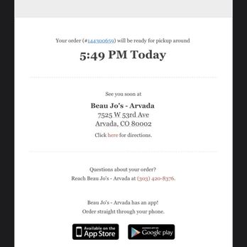 Beau Jo's - Arvada - My receipt showing when my order was supposed to be ready. - Pizza Near Me - Arvada, Colorado