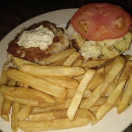 Crab cake sandwich and fries Crab cake sandwich and fries