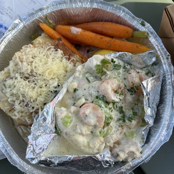 Tognazzini's Dockside - Halibut stuffed with bay shrimp and crab then topped with dill cream sauce. Sides are scalloped potatoes and carrots. - Seafood Near Me - Morro Bay, California Tognazzini's Dockside - Halibut stuffed with bay shrimp and crab then topped with dill cream sauce. Sides are scalloped potatoes and carrots. - Seafood Near Me - Morro Bay, California