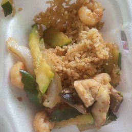 No steak, overcooked chicken, small but nicely cooked shrimp and almost no flavorings. Slight taste of tuna fish. No steak, overcooked chicken, small but nicely cooked shrimp and almost no flavorings. Slight taste of tuna fish.