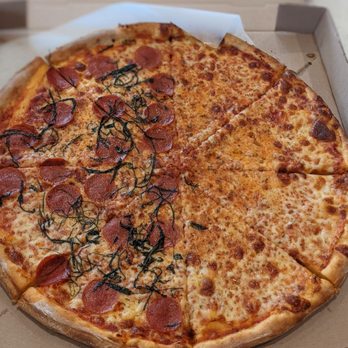 Saccone's - Half pepperoni/basil & plain cheese. Delicious! - Pizza Near Me - Austin, Texas Saccone's - Half pepperoni/basil & plain cheese. Delicious! - Pizza Near Me - Austin, Texas